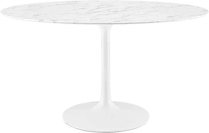 Modway Lippa 54" Oval-Shaped Mid-Century Modern Dining Table with Artificial Marble Top and White Base