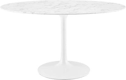 Modway Lippa 54" Oval-Shaped Mid-Century Modern Dining Table with Artificial Marble Top and White Base