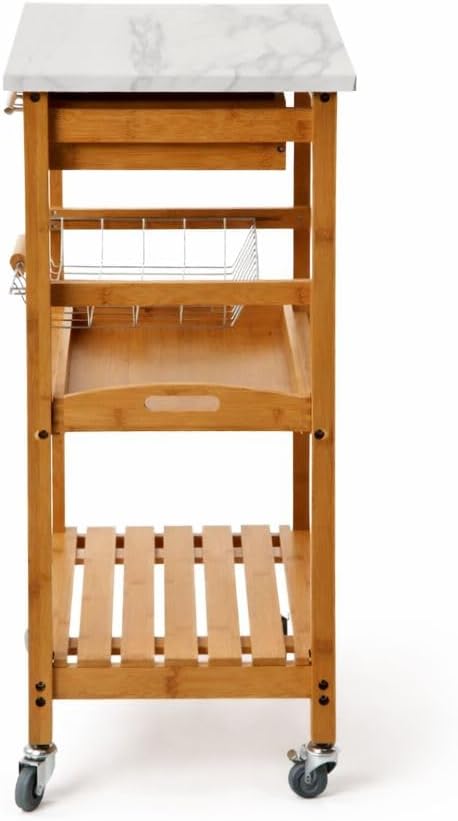 Boraam Aya Bamboo Kitchen Cart with Faux Marble Top