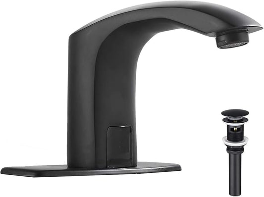 Automatic Bathroom Faucet Black Touchless Motion Activated Bath Tub Lavatory Basin Sink Vanity Aerator One Hole Brass Mixer Tap Pop Up Drain with Overflow Include