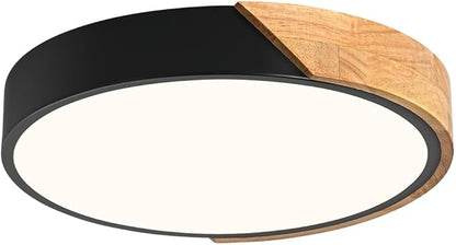 Vikaey Modern LED Ceiling Light, Minimalist Wood Flush Mount Ceiling Light Fixture, 4000K Not Dimmable, Circle Lighting Lamp with Acrylic Lampshade for Bedroom Laundry Room Hallway (Black,11.8")