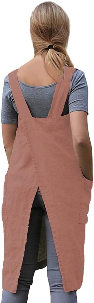 Larmliss Women's Pinafore Square Apron Baking Cooking Gardening Works Cross Back Cotton/Linen Blend Dress with 2 Pockets