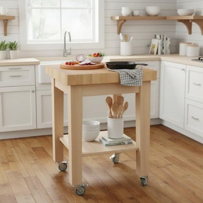 Unfinished Solid Wood Kitchen Island Cart by International Concepts – 33” Rolling Parawood Cart with Shelves, Paint or Stain to Match Any Kitchen Décor
