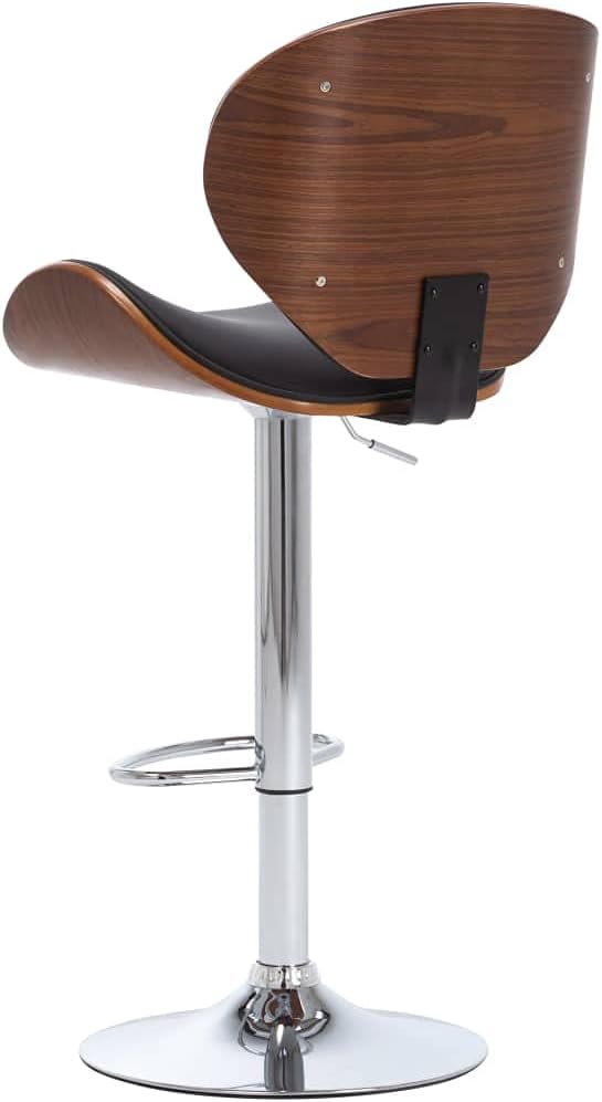 Black Adjustable Bar Stool, Faux Leather & Chrome Metal Base, Bent Wood Kitchen Island Counter Chair for Dining Room, Modern Home Bar, Pub, Office