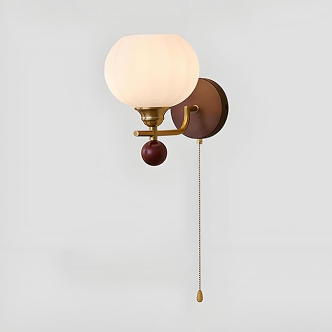 Solid Wood Wall Light Retro Wall Sconce with Pull Chain Switch, Bathroom Vanity Light Fixture, Glass Shade Wall Lamps for Living Roon Halklway Bedroom, E27 Haedwired