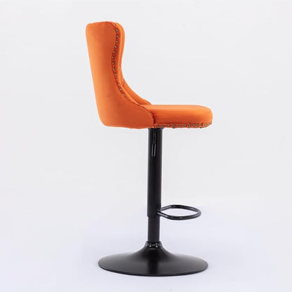 Adjustable Swivel Bar Stool with Tufted Velvet Upholstery, Chrome Base and Back Support for Kitchen Island, Home Bar or Pub (Orange + Velvet + Foam)
