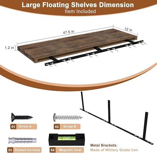 Large Floating Shelves for Wall 1 Pack Deep Floating Shelves No Drilling Accessories Included Deep Wall Shelves for Living Room Kitchen Farmhouse 48" W x 12" D x 1.2" H Rustic Brown