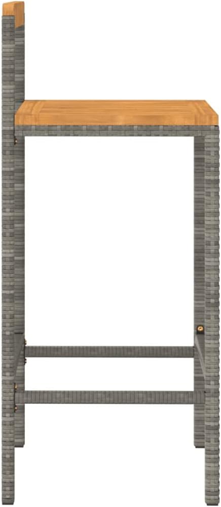 Modern Grey Poly Rattan Bar Stool Set of 2 with Acacia Wood Accents and Footrests for Indoor Outdoor Dining, Durable Steel Frame and Comfortable Seating
