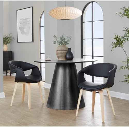 Upholstered Faux Leather Dining Chairs Set of 2, Kitchen Island Chairs with Black Padded Seat and Natural Bent Wood Legs for Dining Room Living Room