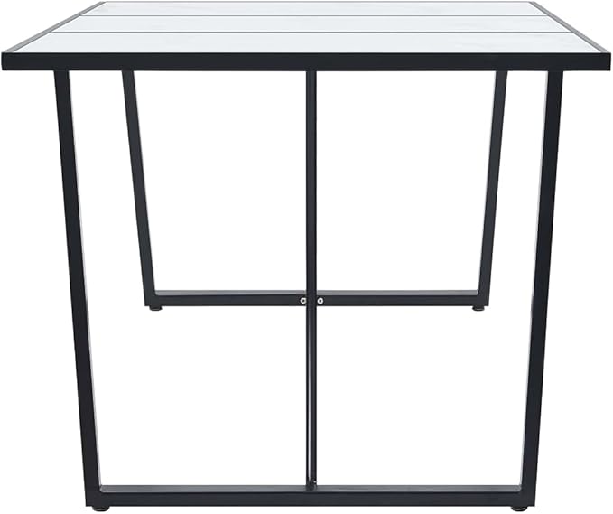 Modern Dining Table White Marble Pattern Rectangular Synthetic Tempered Glass Top Black Powder-Coated Steel Legs for Dining Room Kitchen Indoor Furniture Accommodates 6 People
