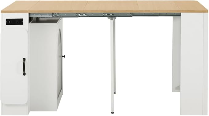 Extendable Dining Table with 3 Removable Middle Leaves, Mobile Rolling Island Table with Power Outlet, Saving-Space Cabinet with Storage for Dining Room and Living Room (Cream White and Natural)