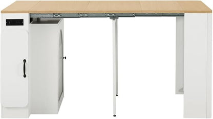 Extendable Dining Table with 3 Removable Middle Leaves, Mobile Rolling Island Table with Power Outlet, Saving-Space Cabinet with Storage for Dining Room and Living Room (Cream White and Natural)