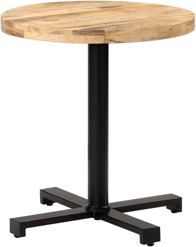 Natural Mango Wood Round Bistro Table with Black Iron Legs Brown Counter Height Compact Size for Small Spaces Indoor Outdoor Dining Kitchen Patio