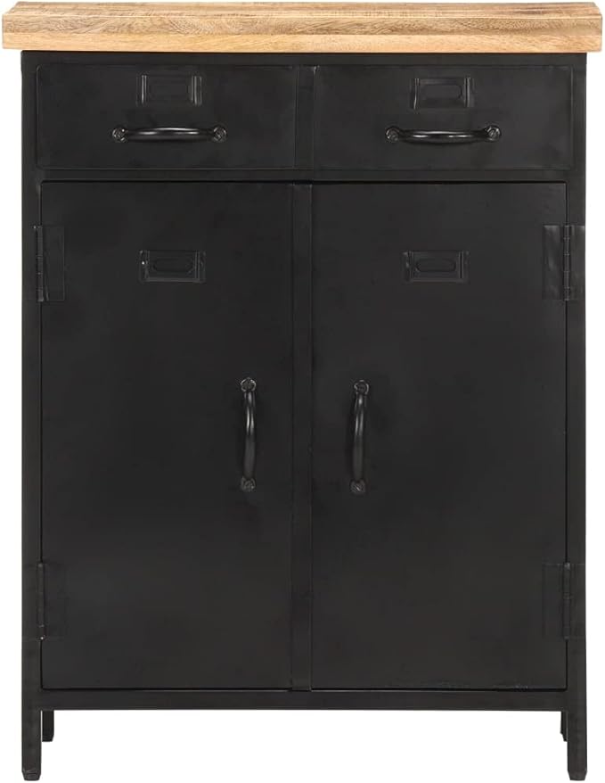 Industrial Sideboard, Black Natural Rough Mango Wood, Powder-Coated Steel Frame, 2-Door Storage Cabinet, 11.8x23.6x29.9 in Living Room Buffet Furniture Kitchen Furnitur