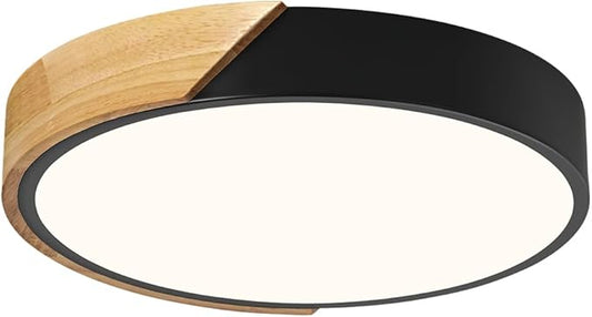 Vikaey Modern Dimmable Wood Ceiling Light, Minimalist LED 5CCT 2700K-6000K Flush Mount Ceiling Light Fixture, Round Lighting Lamp for Bedroom, Laundry Room, Hallway, Entryway, Black, 11.8"