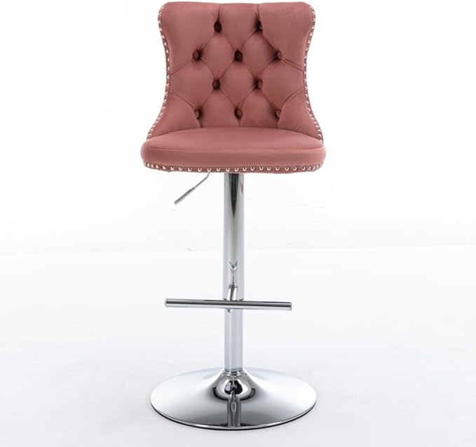 Adjustable Swivel Bar Stool with Tufted Velvet Upholstery, Chrome Base and Back Support for Kitchen Island, Home Bar or Pub (Foam + Pink + Velvet)