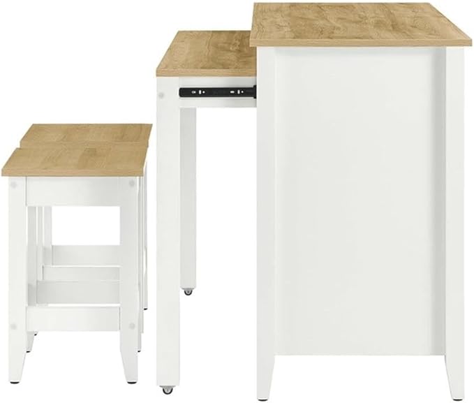 MAKLAINE Contemporary 3-Piece Kitchen Island and Stool Set, Oak White Finish, MDF/Particleboard Construction, Adjustable Shelves, Butcher Block Countertop, Pull-Out Table, Small Kitchen Dining Space