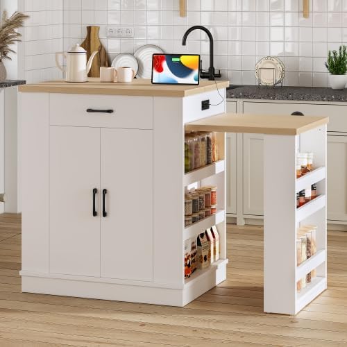 Bellemave Kitchen Island with Extendable Dining Table, 80.7" Kitchen Storage Islands with Double-Door Cabinet, Power Outlet, 2 Drawers & 2 Open Shelves, Temporary Breakfast Bar (White/80.7")