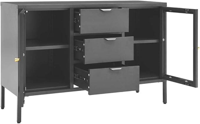 Anthracite Steel Sideboard, 41.3"x13.8"x27.6" Tempered Glass Buffet Cabinet with Drawers, Modern Storage for Kitchen, Living Room Storage Cabinets