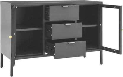 Anthracite Steel Sideboard, 41.3"x13.8"x27.6" Tempered Glass Buffet Cabinet with Drawers, Modern Storage for Kitchen, Living Room Storage Cabinets