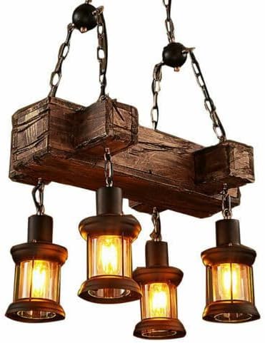 4 Lights Wood Vintage Chandelier, Industrial Farmhouse Island Light with Glass Lampshade and Adjustable Chain, Retro Loft Chandelier Dinning Table Pendant Lamp Fixtures for Bar Home Hotel Hallway