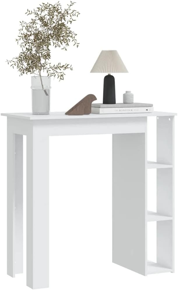 White Engineered Wood High Bar Table Rectangular with 3 Built-in Shelves for Kitchen Dining Room Storage Modern Minimalist Design Durable Structure