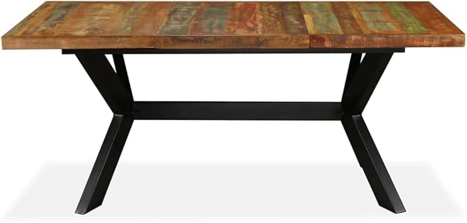 Multicolor Solid Reclaimed Wood Industrial Dining Table, 70.9" Long 35.4" Wide, Fits 6 People, Sturdy Steel Frame, Rustic Modern Centerpiece, Durable Lacquered Finish, Unique