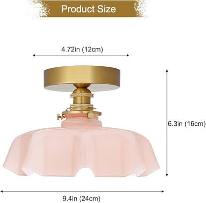 9.4in Vintage Pink Flush Mount Ceiling Light Fixture - Brass Semi Flush Mount Lighting with Flower Glass Shade for Closet, Small Rooms - Compact Indoor Light for Hallway Entryway Porch, Bulb Not