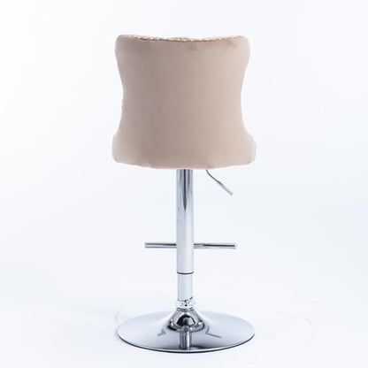 Adjustable Swivel Bar Stool with Tufted Velvet Upholstery, Chrome Base and Back Support for Kitchen Island, Home Bar or Pub (Khaki + Velvet + Foam)