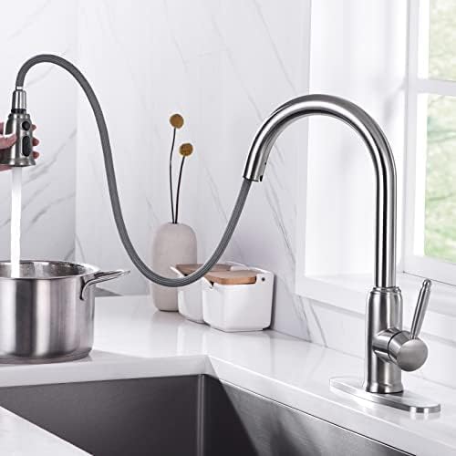 Stainless Steel Kitchen Faucet with Pull Down Sprayer, WOWOW Vintage Kitchen Sink Faucet Brushed Nickel Single Handle Kitchen Faucet for Sink 1 or 3 Hole