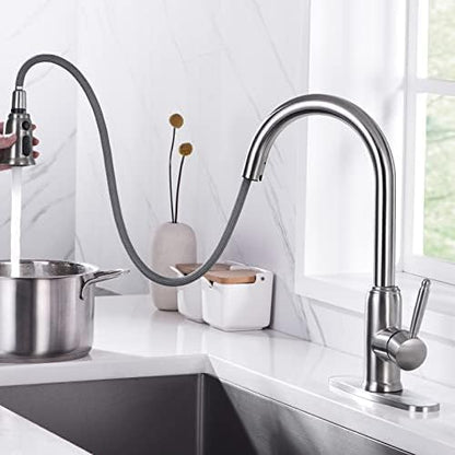 Stainless Steel Kitchen Faucet with Pull Down Sprayer, WOWOW Vintage Kitchen Sink Faucet Brushed Nickel Single Handle Kitchen Faucet for Sink 1 or 3 Hole