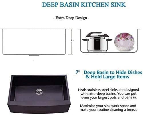 Hotis Black Farmhouse Sink, 33 Inch Farm Sink, Apron-Front 304 Stainless Steel Farmhouse Kitchen Sinks, 33x22 Inch Undermount Single Bowl Undermount With Dish Grid