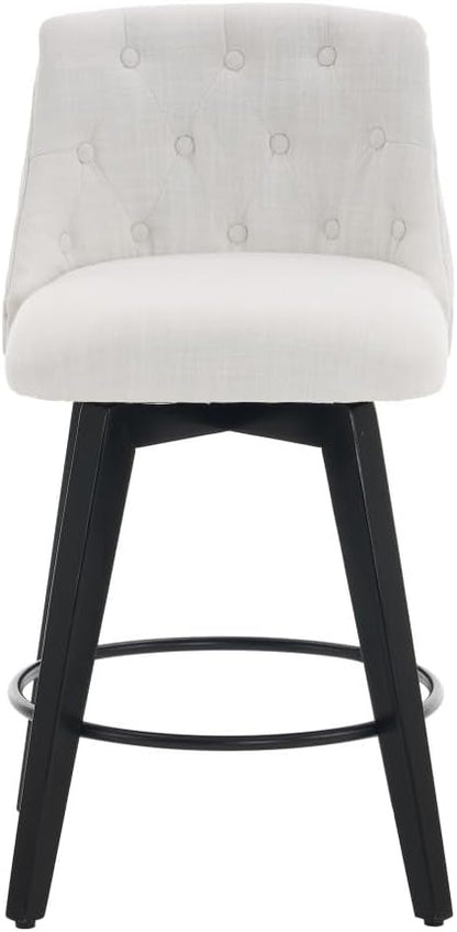 Swivel Counter Chairs, Modern Linen Fabric with Button-Tufted Backrest, Stylish Bar Stools, Set of 2 for Bar, Kitchen Island, Dining Room, White (White + Linen + Foam)