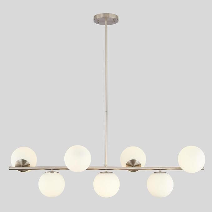 KCO Lighting Brushed Nickel Linear Chandelier White Milk Glass Chandelier Kitchen Linear Sputnik Pendant Light Mid Century Globe Pendant Light Fixture Modern Sliver Chandeliers Dining Room