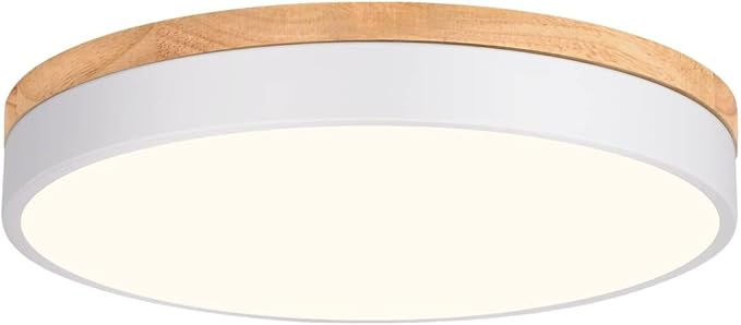 Modern Wood Flush Mount Ceiling Light, White LED 5CCT 2700K-6000K Dimmable Ceiling Light Fixtures, Round Close to Lighting Fixture for Kitchen Living Room Dining Room Bedroom-15.8in