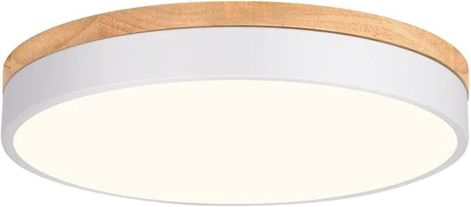 Modern Wood Flush Mount Ceiling Light, White LED 5CCT 2700K-6000K Dimmable Ceiling Light Fixtures, Round Close to Lighting Fixture for Kitchen Living Room Dining Room Bedroom-15.8in