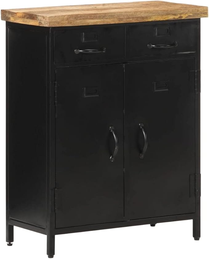 Industrial Sideboard, Black Natural Rough Mango Wood, Powder-Coated Steel Frame, 2-Door Storage Cabinet, 11.8x23.6x29.9 in Living Room Buffet Furniture Kitchen Furnitur
