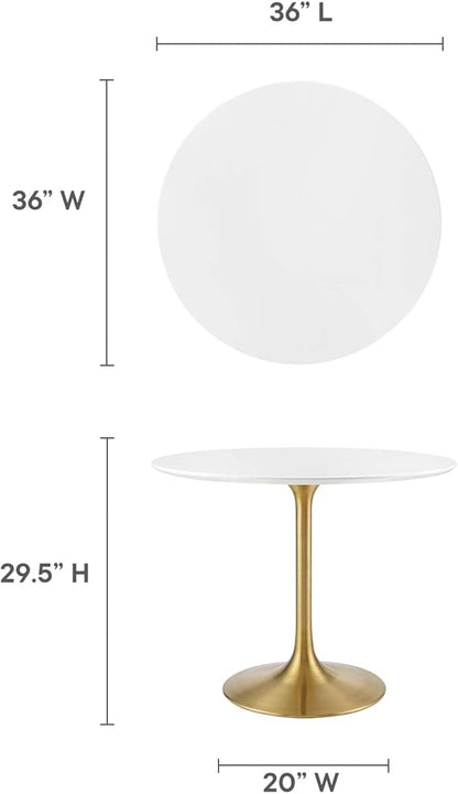 Modway Lippa 36" Mid-Century Modern Dining Table with Round Top in Gold White