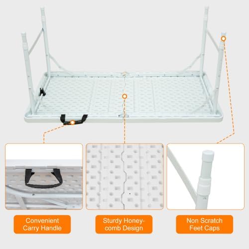 GlowSol Folding Table 4FT, Heavy Duty Portable Plastic Folding Table with Handle, Anti-Slip Feet, Waterproof, Easy to Clean, 300LBS Capacity, Foldable for Indoor Outdoor Use, White