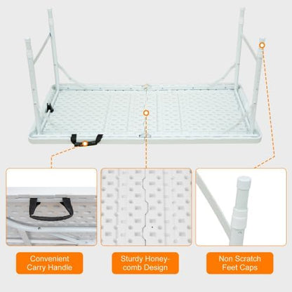 GlowSol Folding Table 4FT, Heavy Duty Portable Plastic Folding Table with Handle, Anti-Slip Feet, Waterproof, Easy to Clean, 300LBS Capacity, Foldable for Indoor Outdoor Use, White