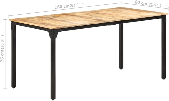 Solid Mango Wood Dining Table Natural Brown Rectangular Rustic Industrial Style Kitchen and Dining Room Furniture 63x31.5x29.9 Inches Accommodates 6