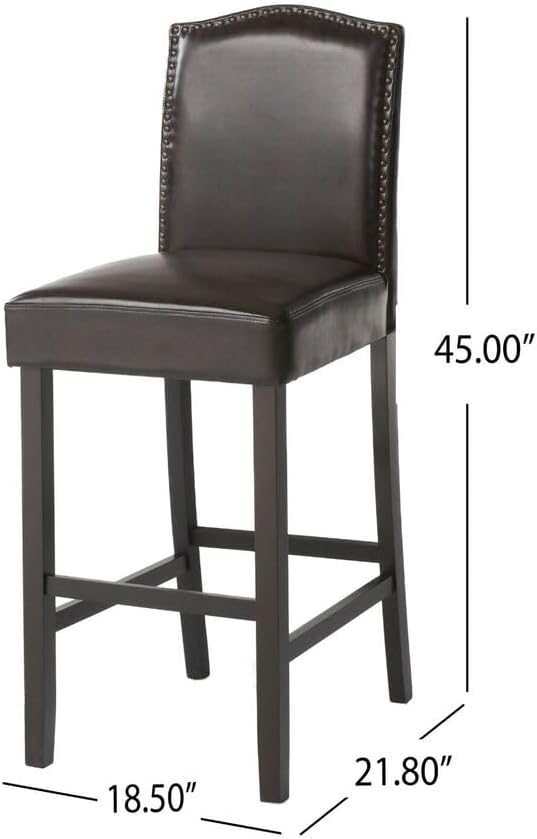 Set of 2, Counter Height Upholstered Bar Stools for Kitchen Island, Dark Brown Rubberwood Legs PU Faux Leather Seating 300LBS Weight Capacity