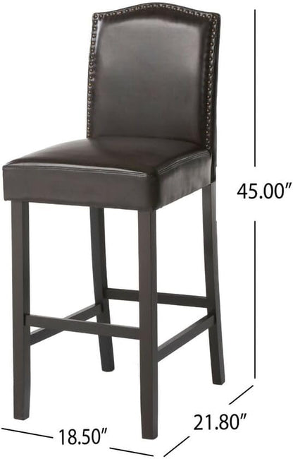 Set of 2, Counter Height Upholstered Bar Stools for Kitchen Island, Dark Brown Rubberwood Legs PU Faux Leather Seating 300LBS Weight Capacity
