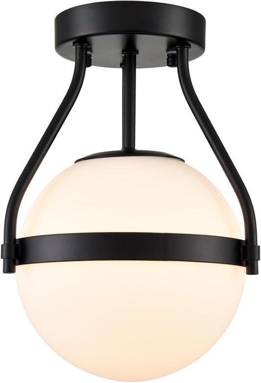 HOLKIRT Modern Globe Semi Flush Mount Ceiling Light,Black Ceiling Light Fixture with Opal Glass 7Inch/18CM,Mid Century Kitchen Light Fixtures Hallway Light Fixtures Ceiling for Bedroom Kitchen