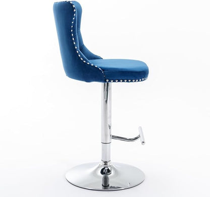 Modern Swivel Bar Stool with Adjustable Height and Tufted Upholstered Backrest for Kitchen Island, Home Bar, or Dining Area (Blue + Velvet + Foam-2)