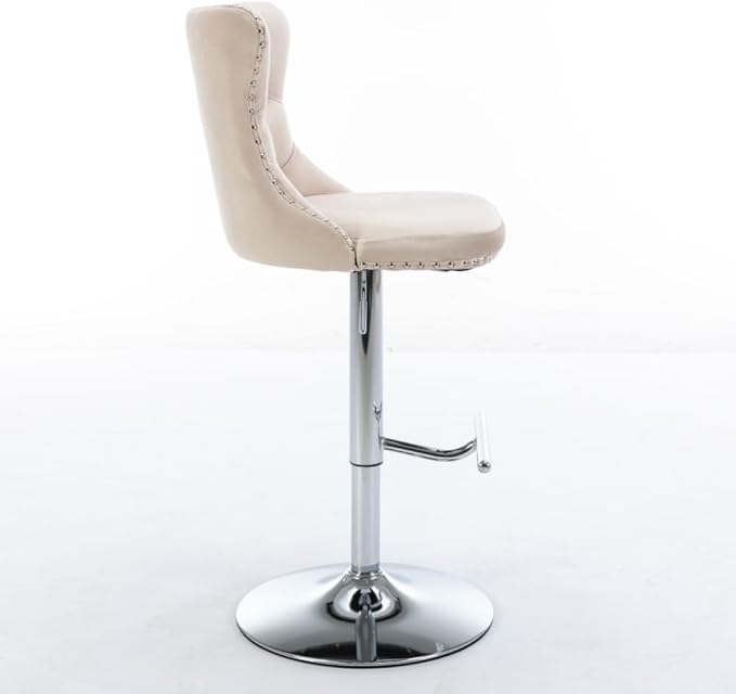 Adjustable Swivel Bar Stool with Tufted Velvet Upholstery, Chrome Base and Back Support for Kitchen Island, Home Bar or Pub (Foam + Beige + Velvet)