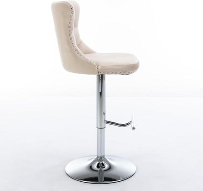 Adjustable Swivel Bar Stool with Tufted Velvet Upholstery, Chrome Base and Back Support for Kitchen Island, Home Bar or Pub (Foam + Beige + Velvet)