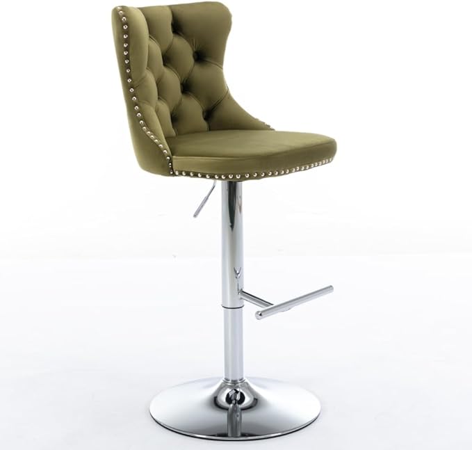 Premium Velvet Upholstered Swivel Bar Stool with Adjustable Height and Tufted Backrest for Kitchen Island, Home Bar, and Dining Space (Foam + Olive Green + Velvet)