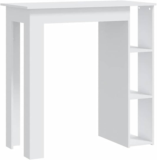 White Engineered Wood Rectangular High Bar Table with 3 Built-in Shelves for Dining Room and Kitchen Storage