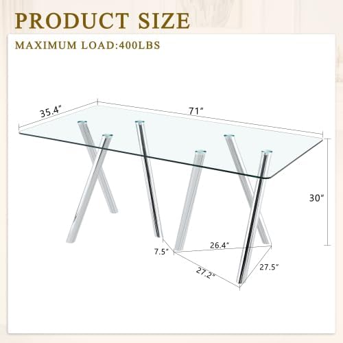 Donext 71" Rectangular Tempered Glass Dining Table, Sturdy Metal Legs,Modern Kitchen Dining Room Table,White
